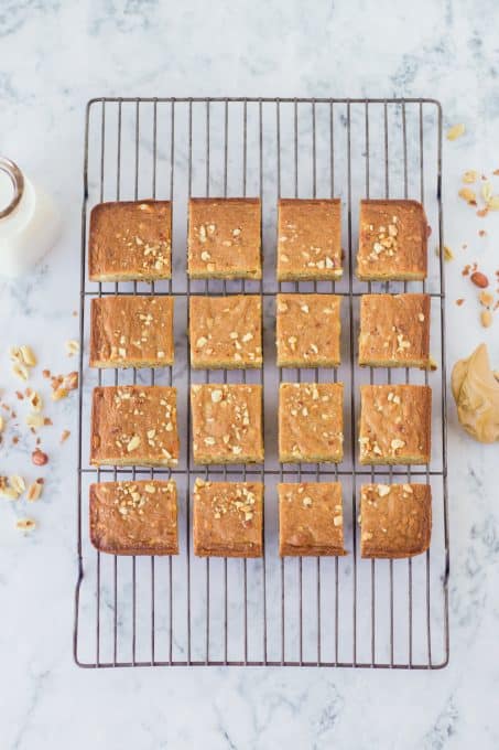 A rack of brownies made with peanut butter.