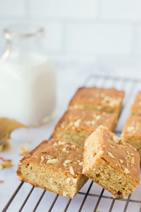 Squares of brownies made with peanut butter.