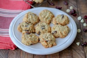 A plate of Oatmeal Cranberry White Chocolate Chip Cookies.