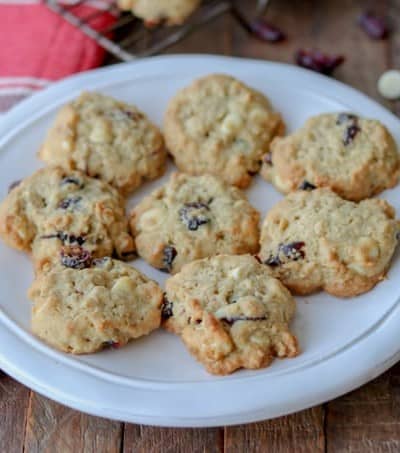 A plate of Oatmeal Cranberry White Chocolate Chip Cookies.