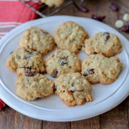 A plate of Oatmeal Cranberry White Chocolate Chip Cookies.