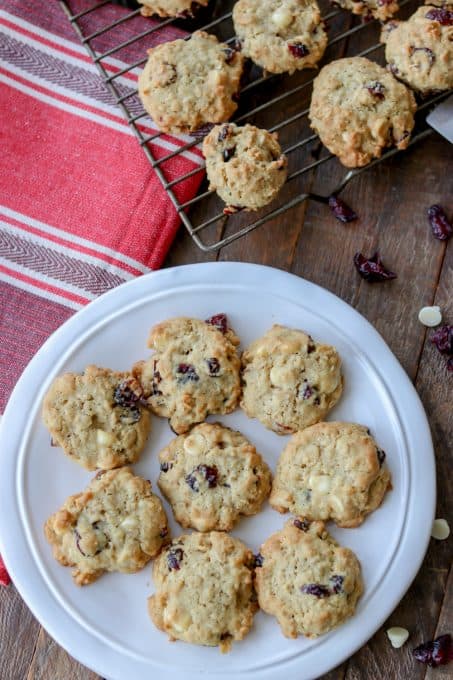 A plate of Oatmeal Cranberry White Chocolate Chip Cookies.