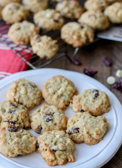 Oatmeal White Chocolate Chip Cookies with dried cranberries.