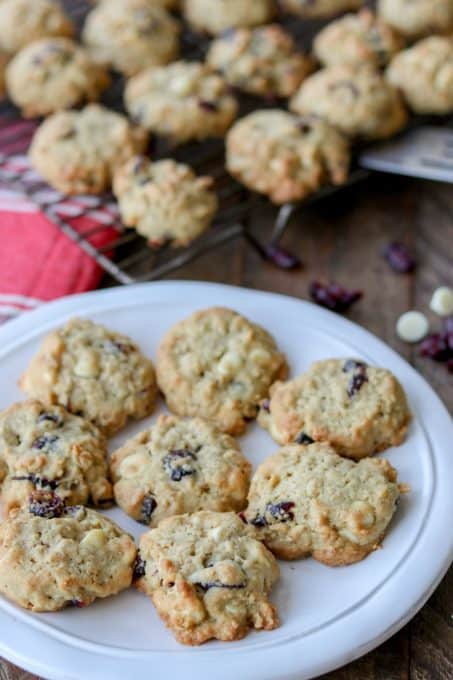 Oatmeal White Chocolate Chip Cookies with dried cranberries.