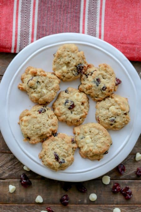 Oatmeal cookies with dried cranberries and white chocolate chips.