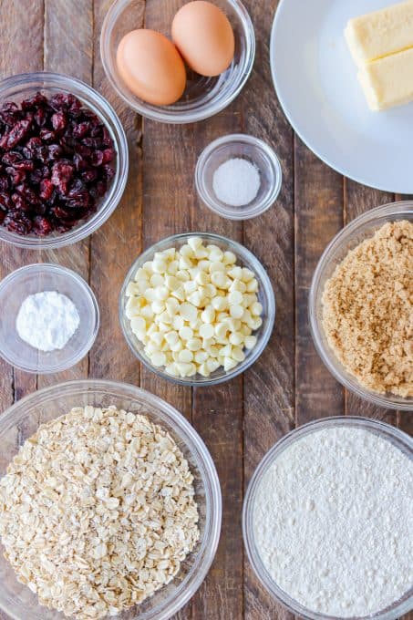 Ingredients for Oatmeal white chocolate chip cookies with dried cranberries.