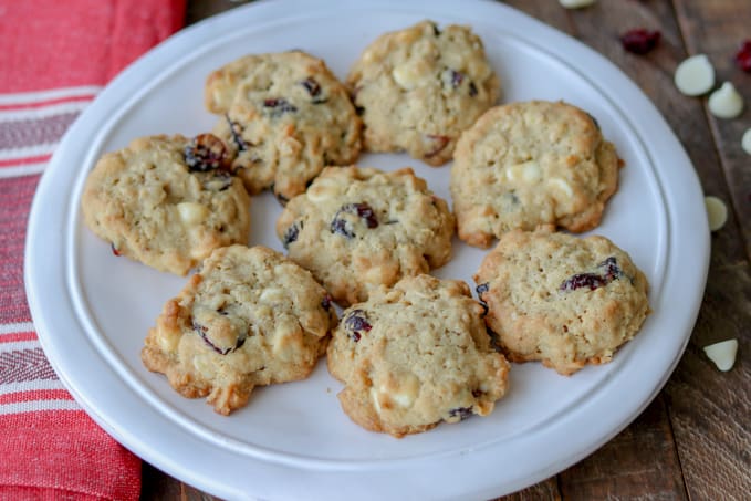 A plate of white chocolate chip oatmeal cookies.