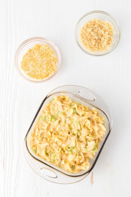 A tuna casserole ready for the oven.