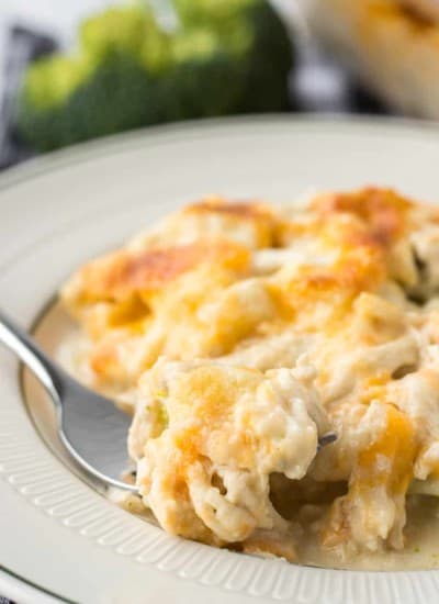 A forkful of cheesy chicken casserole.