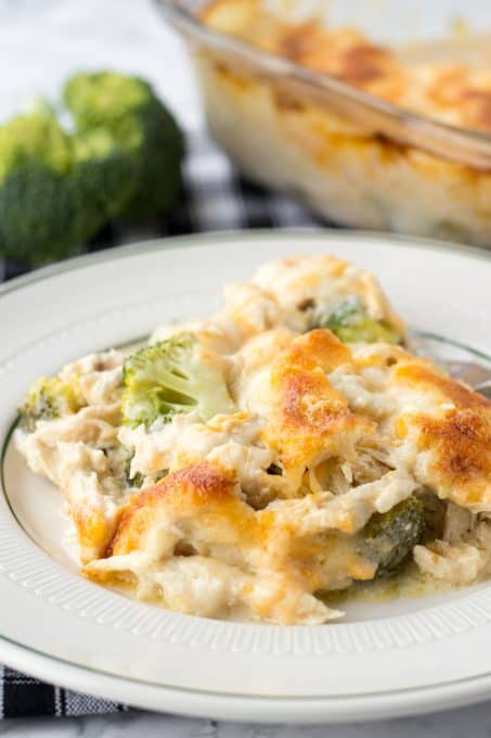 A chicken casserole with broccoli and a creamy sauce.