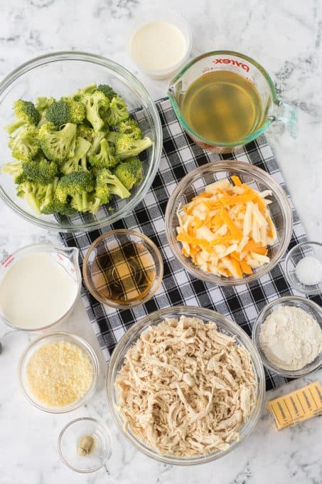 Ingredients for a chicken and broccoli casserole.