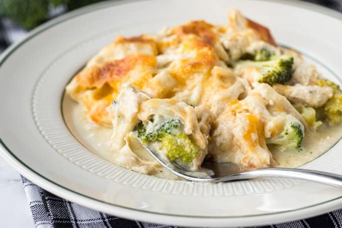 A plateful of broccoli and chicken casserole.