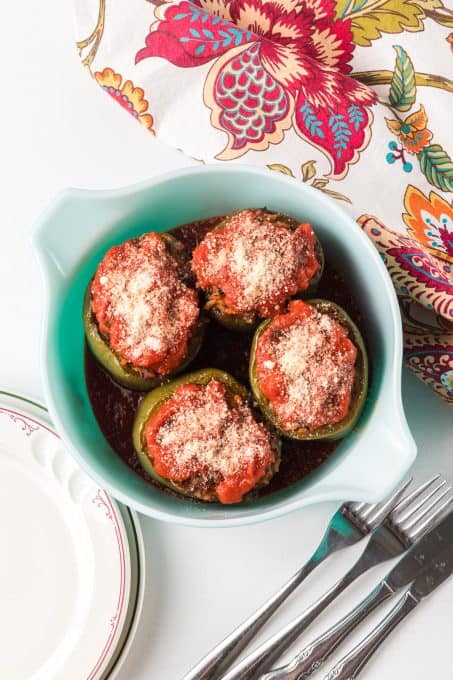 Peppers stuffed with ground beef and rice.