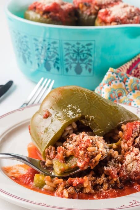 Green peppers stuffed with rice and ground beef.