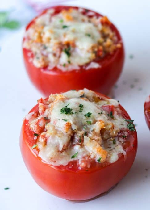 Tomatoes stuffed with tomato, breadcrumbs, garlic, onion, and cheese.