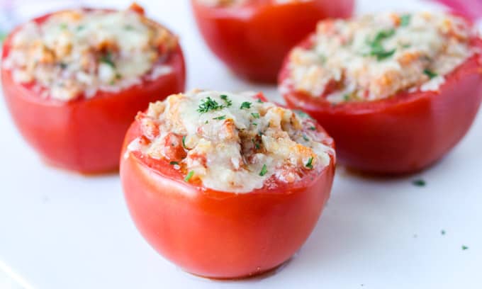 Tomatoes stuffed with tomato, breadcrumbs, garlic, onion, and cheese.
