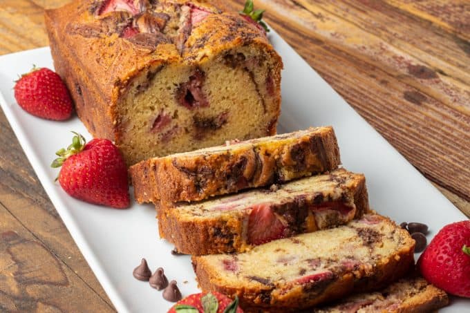 A loaf of Strawberry Bread with chocolate.