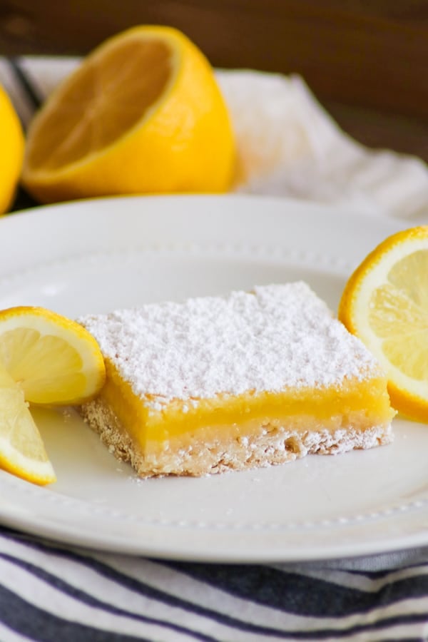 Easy Lemon Bar on a plate with lemon slices.