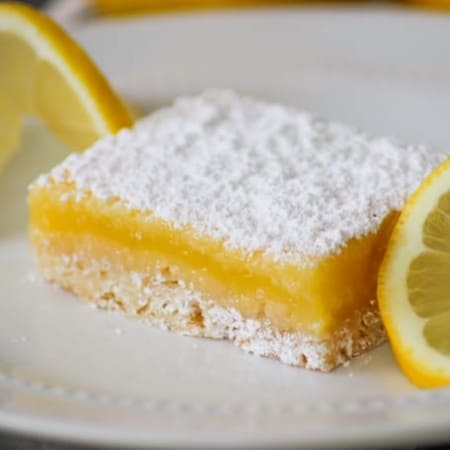 Easy Lemon Bar on a white plate with a lemon slice on each side.