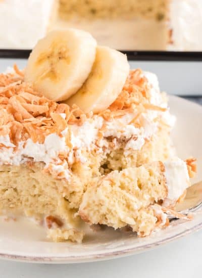 A bite of banana tres leches.