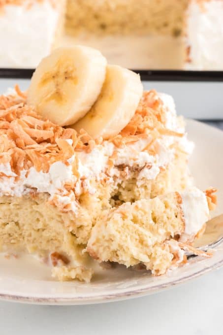 A bite of banana tres leches.