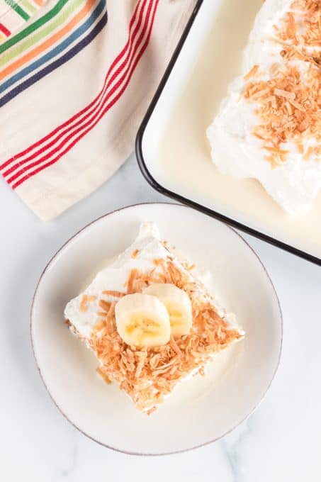 Top View of a banana cake with three milks.