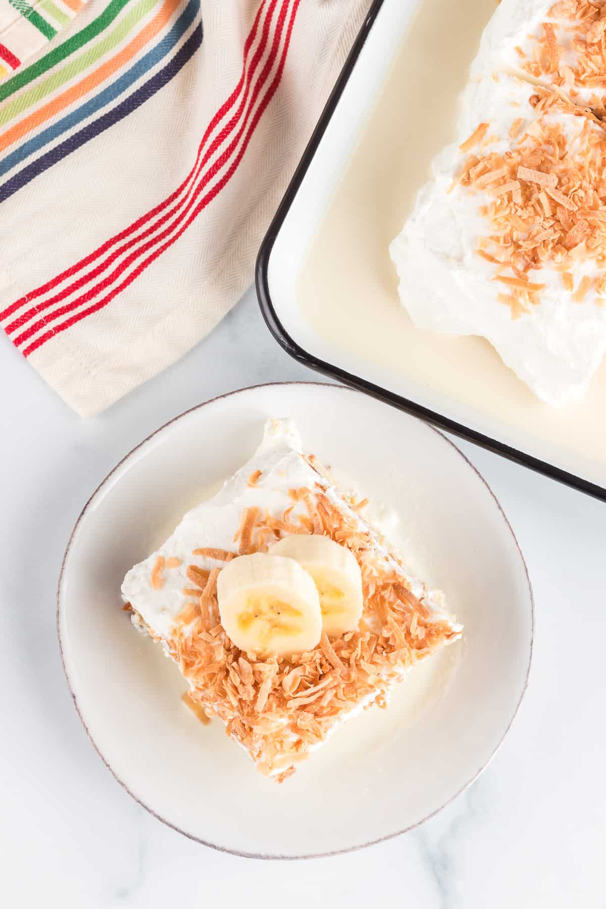 Top View of a banana cake with three milks.