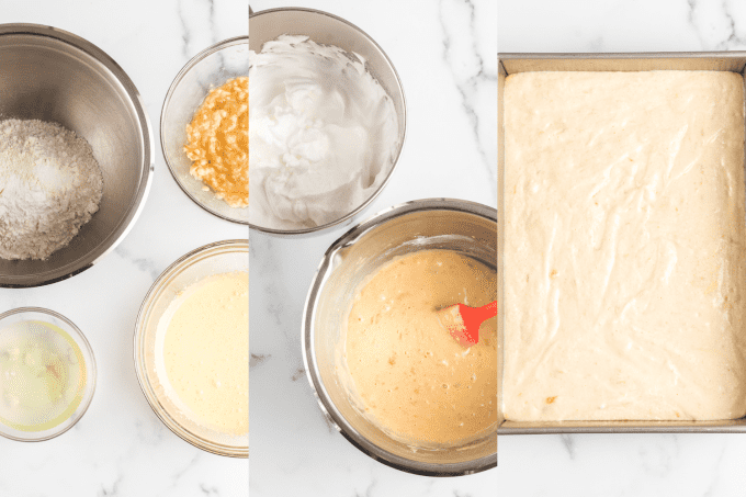 Beginning process steps for a tres leches cake with banana.