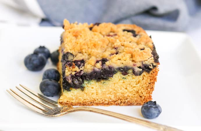 A slice of blueberry cake with crumb topping.