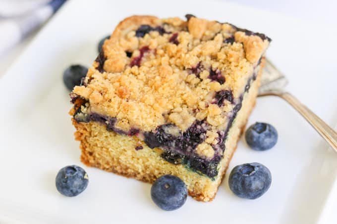 Cake, blueberries, and a crumb topping - perfect for coffee or tea!