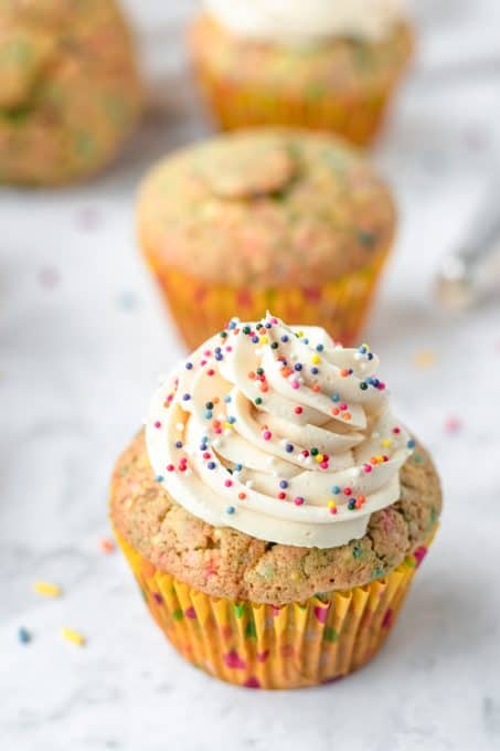 Cupcakes with sprinkles and cake batter flavor.