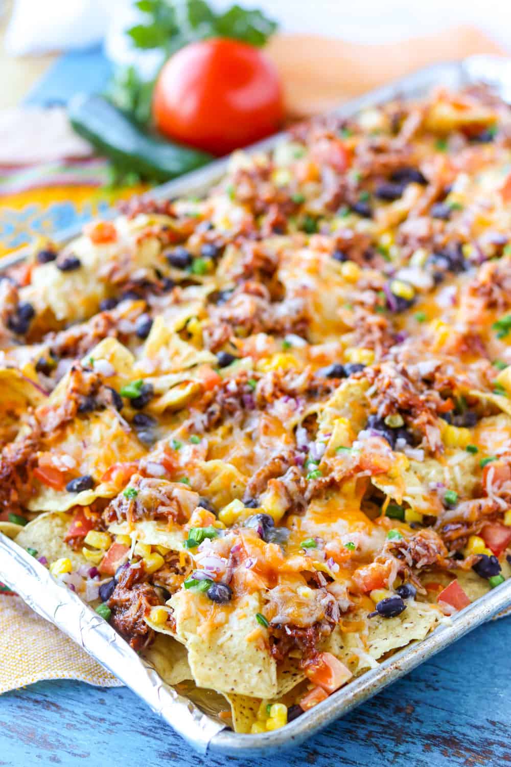 Loaded BBQ Chicken Nachos fresh from the oven.
