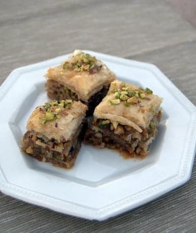 Baklava - layers of buttered phyllo dough, with chopped pistachios, almonds and walnuts all covered with a honey syrup. Delicious!