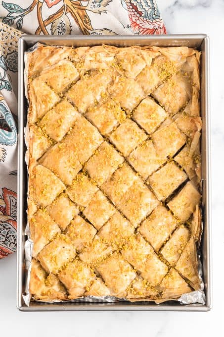 A pan of baklava squares.