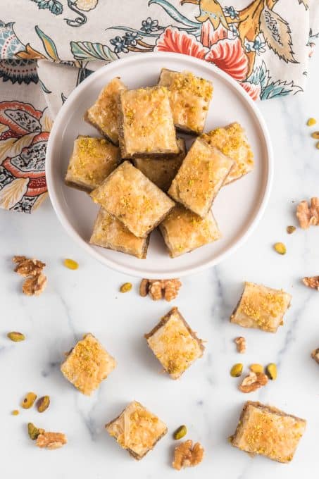 Phyllo dough squares with nuts and honey.