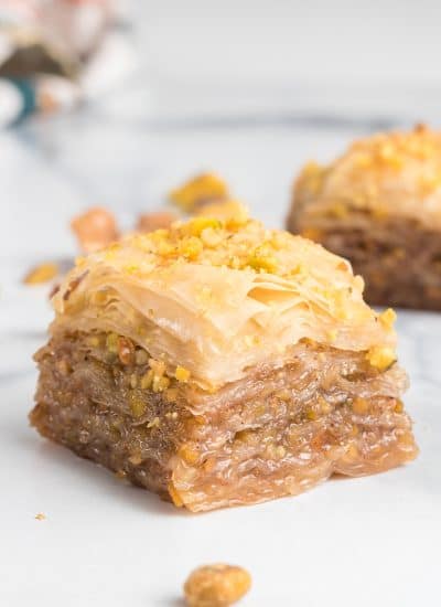 Layers of phyllo dough, walnuts and pistachios soaked in a honey syrup.