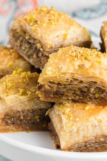 Walnuts and pistachios in between sheets of phyllo dough.