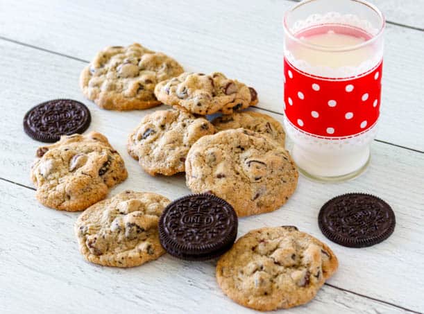 Oreo Chocolate Chip Cookies and a glass of milk.