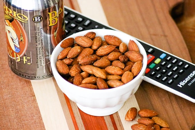 Top view of a bowl of Baked Spiced Almonds.