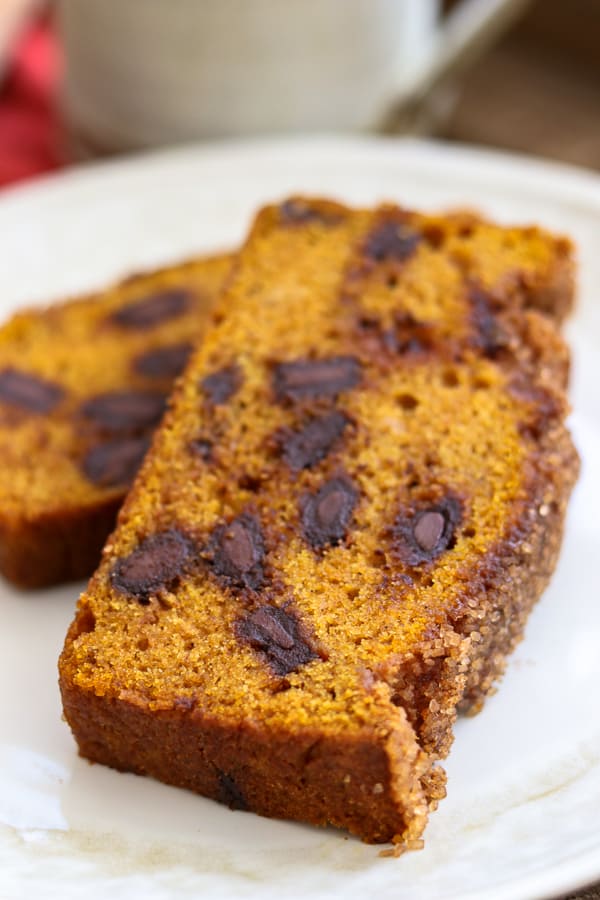 Chocolate Chunk Pumpkin Bread on a plate.