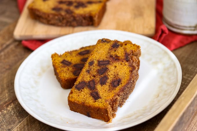Slices of Chocolate Chunk Pumpkin Bread on a plate. Slices of Chocolate Chunk Pumpkin Bread on a plate.