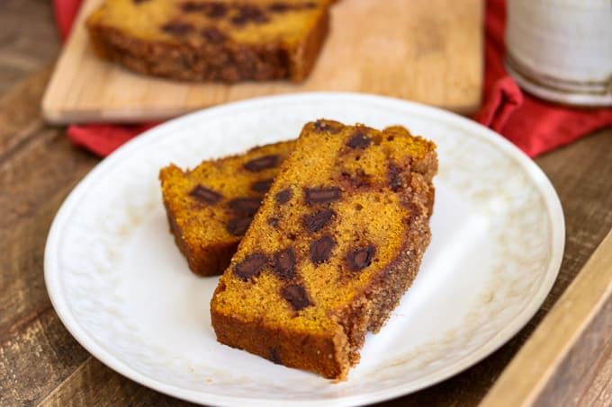 Slices of Chocolate Chunk Pumpkin Bread on a plate.