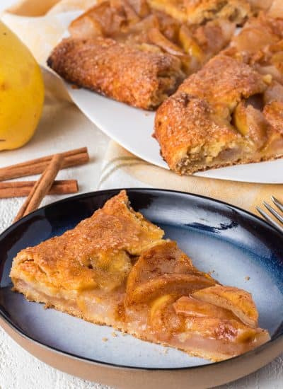 A slice of a pear galette.