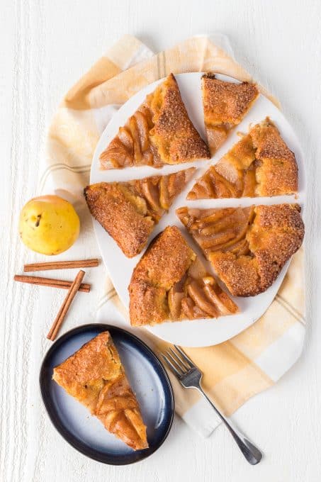 A galette made of pears with cinnamon sugar.