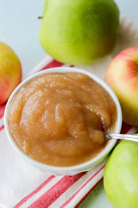 A bowl of applesauce baked in the oven.