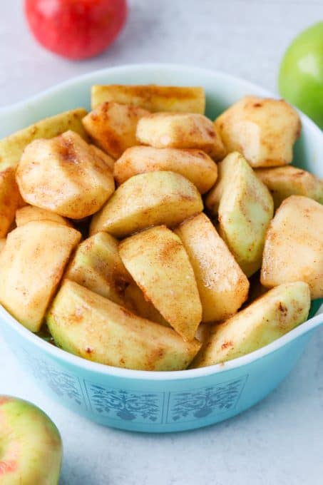 Apple covered in sugar and cinnamon.