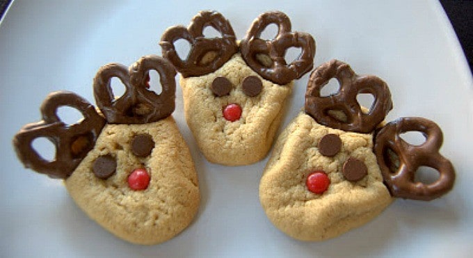 Peanut Butter cookies with chocolate covered pretzels, cinnamon red hots and chocolate chips make these fun holiday cookies!