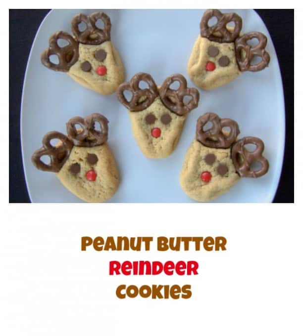 Peanut Butter cookies with chocolate covered pretzels, cinnamon red hots and chocolate chips make these fun holiday cookies!