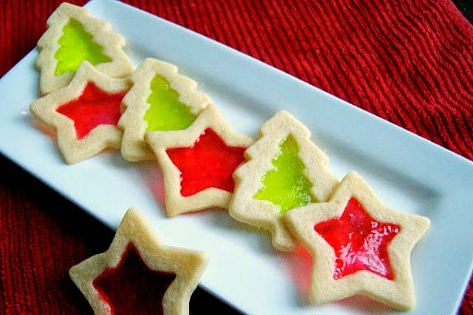 Sugar cookie cut-outs filled with Jolly Rancher candies to create a stained-glass window effect.
