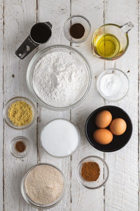 Ingredients for biscotti with molasses and spices.